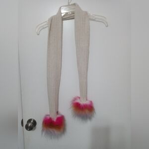 CABLE KNIT WINTER SCARF WITH MULTICOLOR POM POMS AT BOTH ENDS